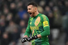 Newcastle United goalkeeper Martin Dubravka reacts during the Emirates FA Cup Third Round match between Newcastle United and Bromley at St James' Park on January 12, 2025 in Newcastle upon Tyne, England. (Photo by Stu Forster/Getty Images)