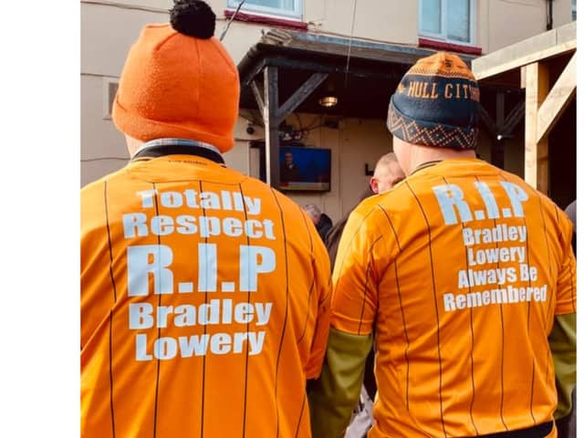 Johnny Hayton (left) and Chris Stone wearing their Hull City shirts paying tribute to Bradley Lowery.