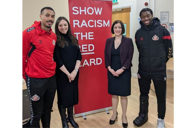 SAFC stars Aji Alese and Wilson Isidor alongside education secretary Bridget Phillipson and Sarah Kilpatrick, President of the National Education Union.