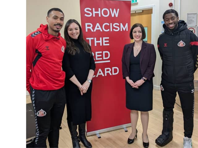 SAFC stars Aji Alese and Wilson Isidor alongside education secretary Bridget Phillipson and Sarah Kilpatrick, President of the National Education Union.