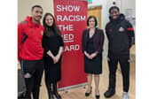 SAFC stars Aji Alese and Wilson Isidor alongside education secretary Bridget Phillipson and Sarah Kilpatrick, President of the National Education Union.