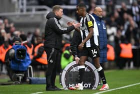 Newcastle head coach Eddie Howe congratulates Alexander Isak after being substituted during the Premier League match between Newcastle United FC and Nottingham Forest FC at St James' Park on February 23, 2025 in Newcastle upon Tyne, England. (Photo by Stu Forster/Getty Images)
