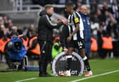 Newcastle head coach Eddie Howe congratulates Alexander Isak after being substituted during the Premier League match between Newcastle United FC and Nottingham Forest FC at St James' Park on February 23, 2025 in Newcastle upon Tyne, England. (Photo by Stu Forster/Getty Images)