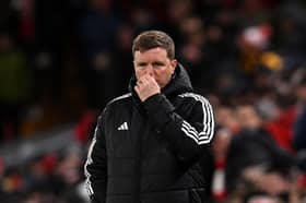 Eddie Howe, Manager of Newcastle United, looks on during the Premier League match between Liverpool FC and Newcastle United FC at Anfield on February 26, 2025 in Liverpool, England. (Photo by Liverpool FC/Liverpool FC via Getty Images)