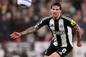 Sandro Tonali of Newcastle United during the Premier League match between Liverpool FC and Newcastle United FC at Anfield on February 26, 2025 in Liverpool, England. 