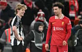 Newcastle United's English midfielder #10 Anthony Gordon (L) and Liverpool's English midfielder #17 Curtis Jones react at the final whistle during the English Premier League football match between Liverpool and Newcastle United at Anfield in Liverpool, north west England on February 26, 2025. Liverpool won the match 2-0. (Photo by Paul ELLIS / AFP)    