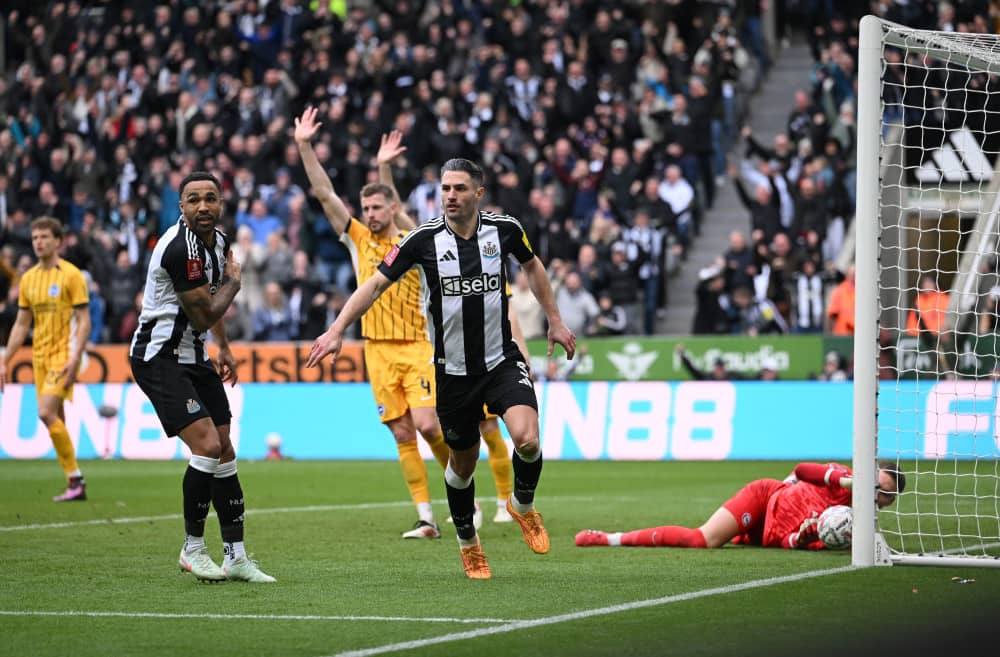 Fabian Schar of Newcastle United celebrates a goal that is later ruled offside during the Emirates FA Cup Fifth Round match between Newcastle United and Brighton & Hove Albion at St James' Park on March 02, 2025 in Newcastle upon Tyne, England. (Photo by Stu Forster/Getty Images)