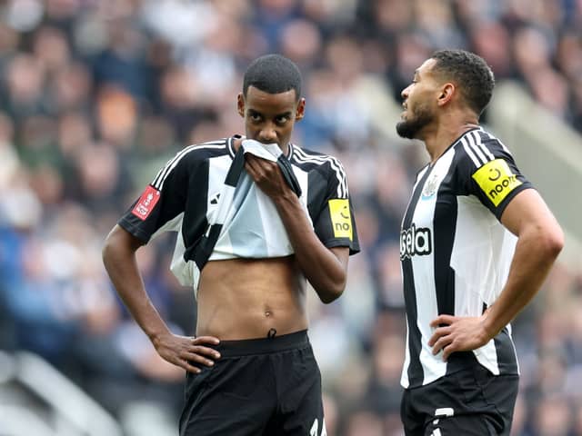 Alexander Isak (L) and Joelinton of Newcastle United react during the Emirates FA Cup Fifth Round match between Newcastle United and Brighton & Hove Albion at St James' Park on March 02, 2025 in Newcastle upon Tyne, England. (Photo by George Wood/Getty Images)