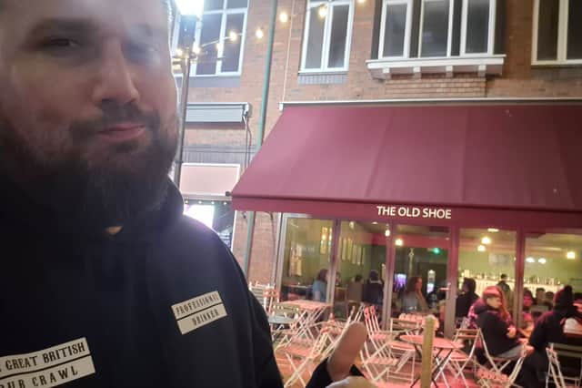 Dale Harvey, of The Great British Pub Crawl, outside The Old Shoe, in Sheffield's Orchard Square shopping centre, which he gave the thumbs up.