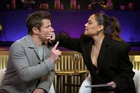 Hosts Nick and Vanessa Lachey during the Love Is Blind season 8 reunion. Photo by Netflix.