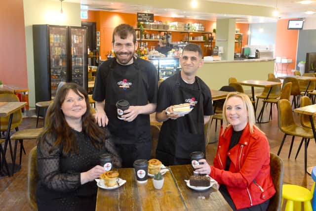 The new Sea Change Cafe opens for customers at Sunderland Museum, Winter Gardens with CEO and founder Sarah Farrell-Forster, Cllr Beth Jones and staff Bryn Howard and Fari Farazandeh.