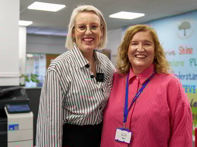Steph McGovern with Catherine Jones, Headteacher at Thorney Close.         