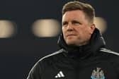 Newcastle United's English head coach Eddie Howe arrives for the English Premier League football match between West Ham United and Newcastle United at the London Stadium, in London on March 10, 2025. (Photo by Adrian Dennis / AFP)