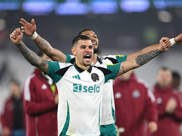 Bruno Guimaraes of Newcastle United celebrates victory following the Premier League match between West Ham United FC and Newcastle United FC at London Stadium on March 10, 2025 in London, England. (Photo by Justin Setterfield/Getty Images)
