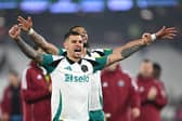 Bruno Guimaraes of Newcastle United celebrates victory following the Premier League match between West Ham United FC and Newcastle United FC at London Stadium on March 10, 2025 in London, England. (Photo by Justin Setterfield/Getty Images)
