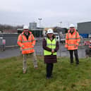 Councillor Jane Carter, Deputy Leader of South Tyneside Council, with Robert Hall and Gary Gardiner of Hall Construction as work starts at Middlefields Depot.