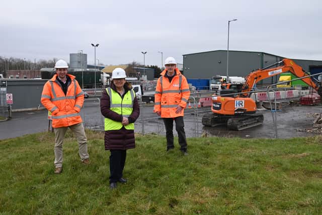 Councillor Jane Carter, Deputy Leader of South Tyneside Council, with Robert Hall and Gary Gardiner of Hall Construction as work starts at Middlefields Depot.