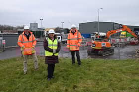 Councillor Jane Carter, Deputy Leader of South Tyneside Council, with Robert Hall and Gary Gardiner of Hall Construction as work starts at Middlefields Depot.