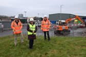 Councillor Jane Carter, Deputy Leader of South Tyneside Council, with Robert Hall and Gary Gardiner of Hall Construction as work starts at Middlefields Depot.