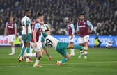 Bruno Guimaraes of Newcastle United scores his team's first goal during the Premier League match between West Ham United FC and Newcastle United FC at London Stadium on March 10, 2025 in London, England. (Photo by Justin Setterfield/Getty Images)