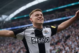 A Grok AI generated image of Harvey Barnes celebrating a goal for Newcastle United in the Carabao Cup final at Wembley Stadium.
