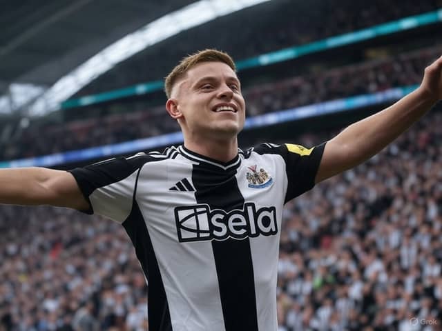 A Grok AI generated image of Harvey Barnes celebrating a goal for Newcastle United in the Carabao Cup final at Wembley Stadium.