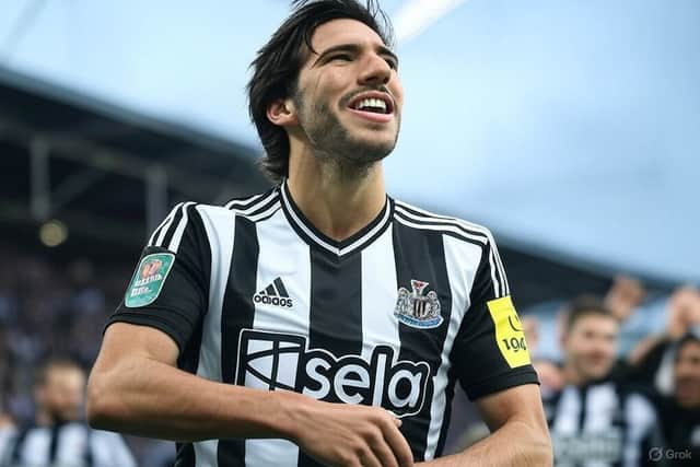 A Grok AI generated image of Sandro Tonali scoring for Newcastle United in the Carabao Cup final.