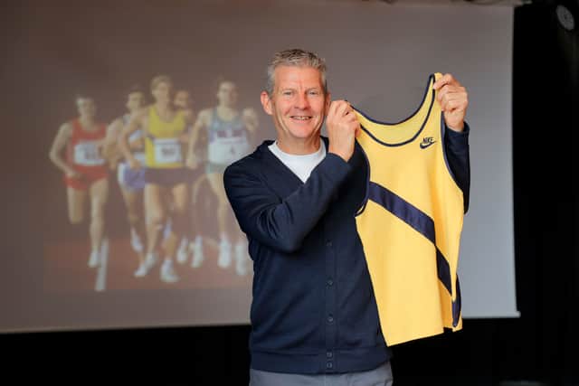 Steve Cram with the vest he wore when setting the 1500m world record in 1985.