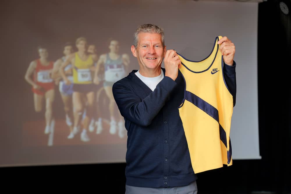 Steve Cram with the vest he wore when setting the 1500m world record in 1985.