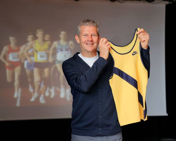 Steve Cram with the vest he wore when setting the 1500m world record in 1985.