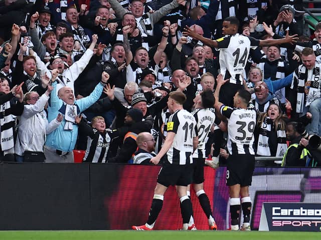 Newcastle United in celebrate Alexander Isak’s goal in the Carabao Cup final. 
