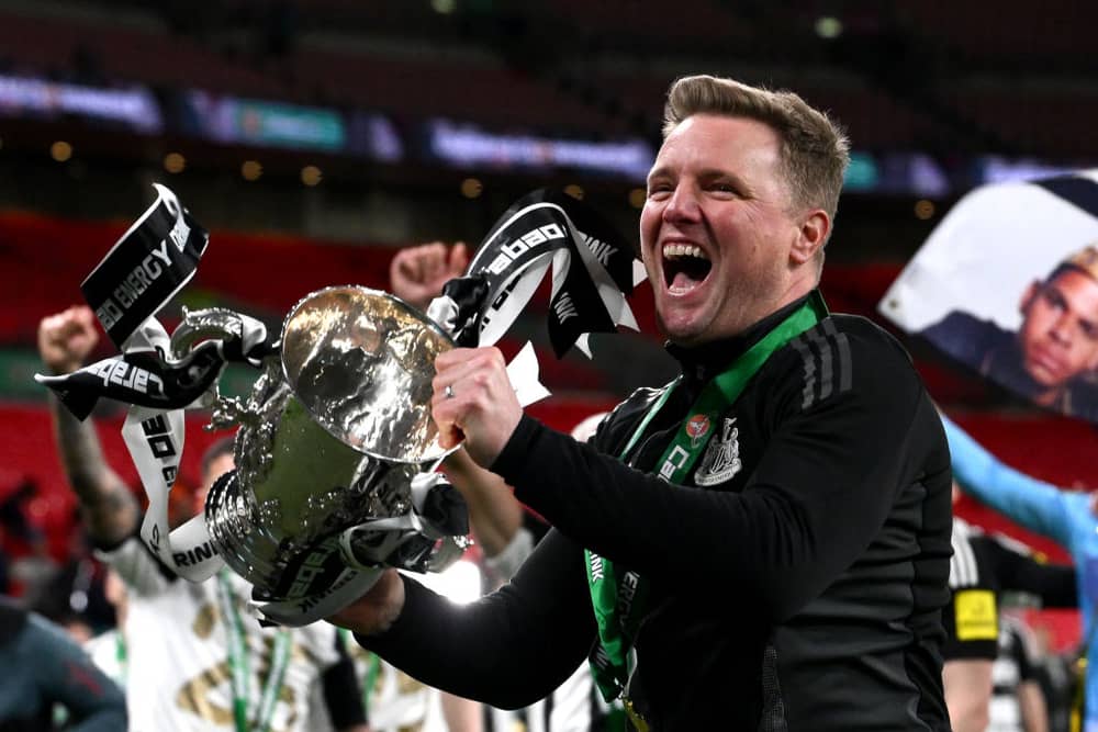 Eddie Howe, Manager of Newcastle United, lifts the Carabao Cup Trophy after his team's victory during the Carabao Cup Final between Liverpool and Newcastle United at Wembley Stadium on March 16, 2025 in London, England. (Photo by Stu Forster/Getty Images)