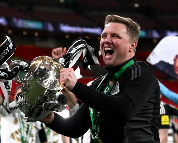 Eddie Howe celebrates Carabao Cup win. 