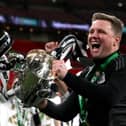 Eddie Howe celebrates Carabao Cup win. 