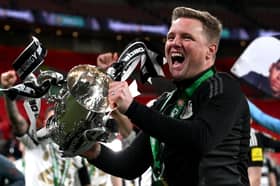 Eddie Howe celebrates Carabao Cup win. 