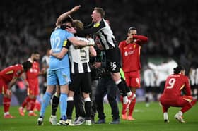 Newcastle United celebrate Carabao Cup win. 