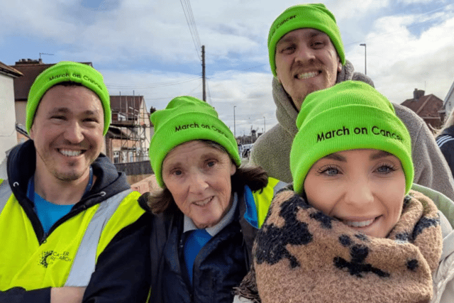 From left: Nicky McKenna, of Cancer Research UK, Ann Walsh, organiser of the March on Cancer, Rebecca, Ann's daughter, and Jak, Rebecca's partner.