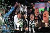 Ant and Dec celebrate Newcastle United's win at the Carabao Cup Final. 