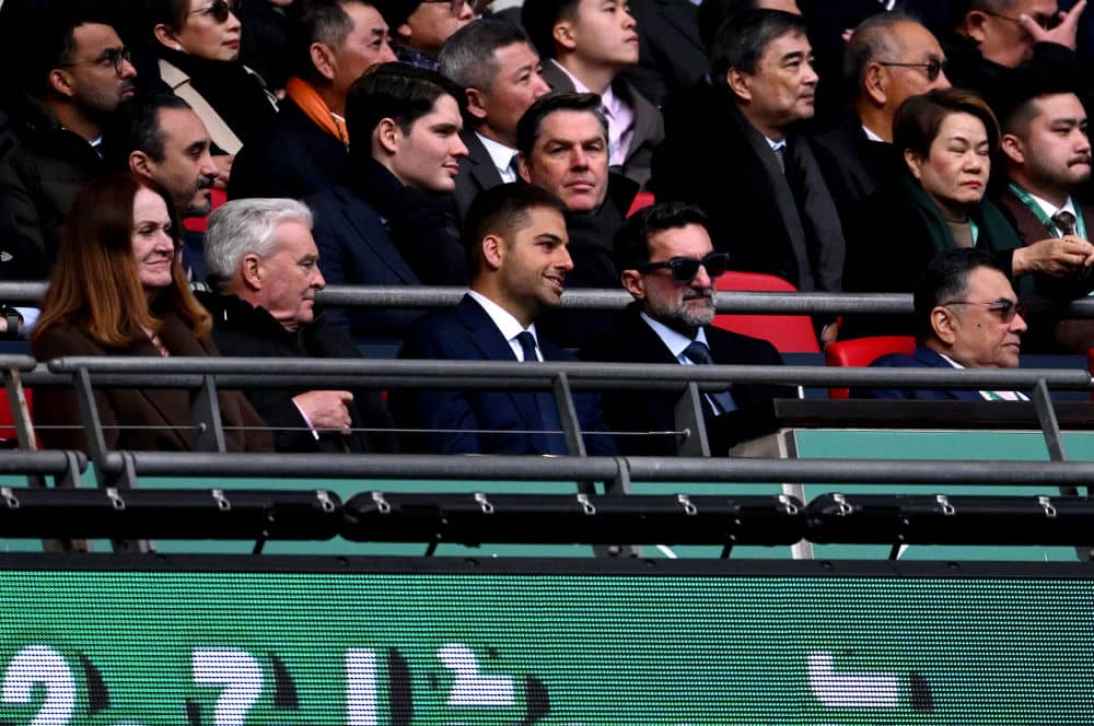 Jamie Reuben, Co-Owner of Newcastle United, and Yasir Al-Rumayyan, Chairman of Newcastle United, are seen in attendance during the Carabao Cup Final between Liverpool and Newcastle United at Wembley Stadium on March 16, 2025 in London, England. (Photo by Stu Forster/Getty Images)