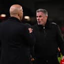 Arne Slot, manger of Liverpool, shakes hands with Jamie Carragher, former Liverpool player and TV pundit prior (Photo by Liverpool FC/Liverpool FC via Getty Images)