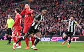 Alexander Isak celebrating scoring Newcastle United's second goal against Liverpool in the Carabao Cup final at Wembley