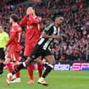 Alexander Isak celebrating scoring Newcastle United's second goal against Liverpool in the Carabao Cup final at Wembley