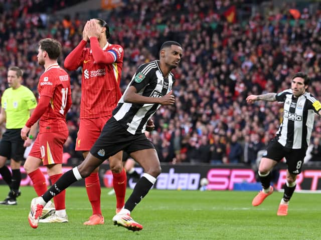 Alexander Isak celebrating scoring Newcastle United's second goal against Liverpool in the Carabao Cup final at Wembley