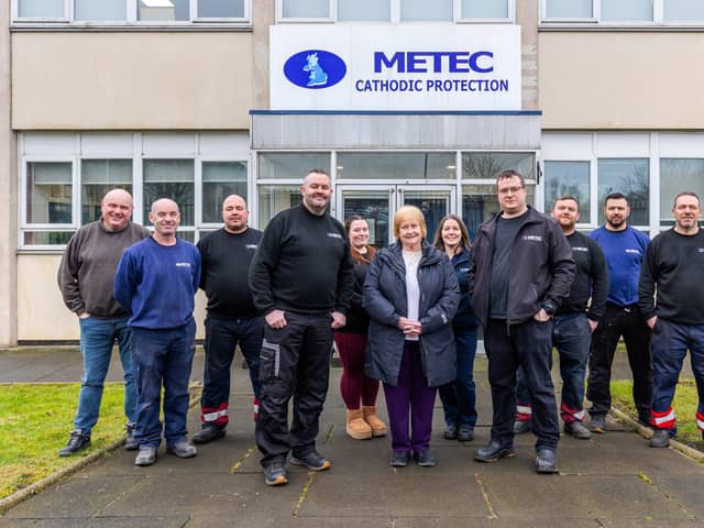 South Shields-based Metec UK has secured two contracts worth more than £4.5million. Cllr Margaret Meling (centre) with Simon Cross (left), Paul Wheeler (right) and members of the Metec UK team outside of the company’s South Shields facility.