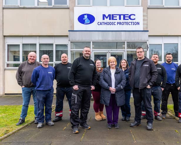 South Shields-based Metec UK has secured two contracts worth more than £4.5million. Cllr Margaret Meling (centre) with Simon Cross (left), Paul Wheeler (right) and members of the Metec UK team outside of the company’s South Shields facility.