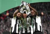 Callum Wilson celebrating the Carabao Cup win with Will Osula and Alexander Isak. 