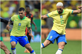 Bruno Guimaraes and Joelinton in action for Brazil v Colombia
