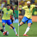 Bruno Guimaraes and Joelinton in action for Brazil v Colombia