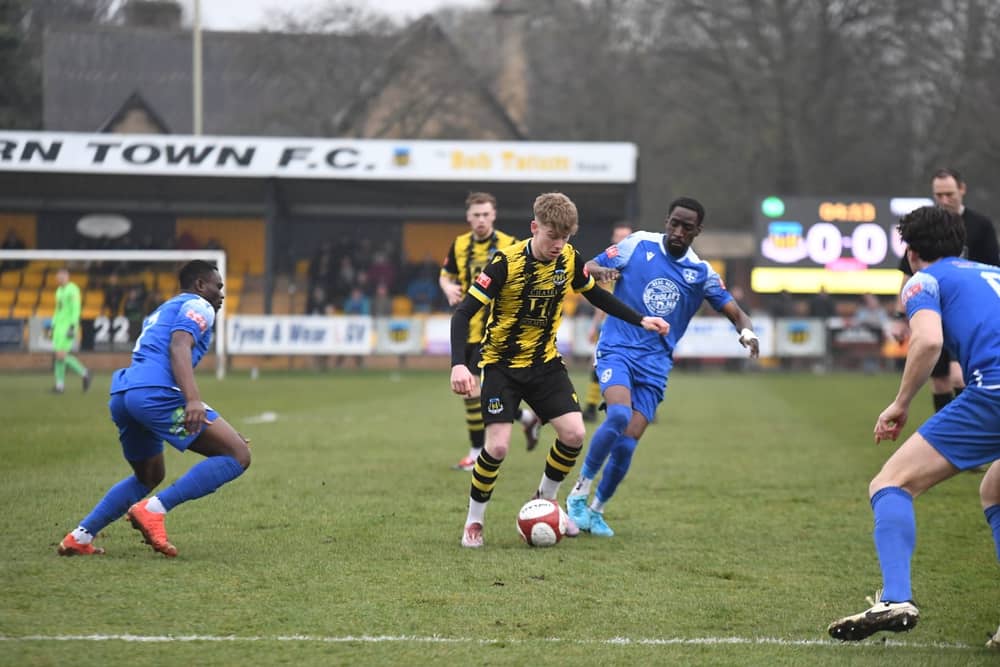 Action from Hebburn Town's home defeat against Guiseley (photo Tyler Lopes)
