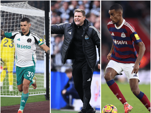 Bruno Guimaraes, Eddie Howe and Alexander Isak